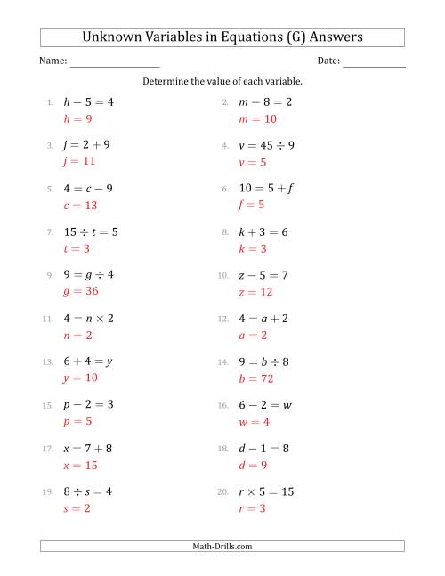 The Unknown Variables in Equations - All Operations - Range 1 to 9 - Any Position (G) Math Worksheet Page 2