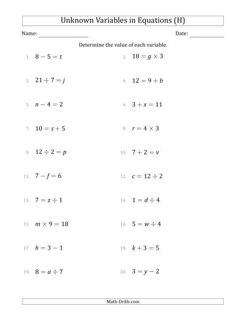 The Unknown Variables in Equations - All Operations - Range 1 to 9 - Any Position (H) Math Worksheet
