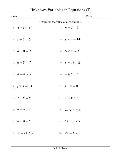 The Unknown Variables in Equations - All Operations - Range 1 to 9 - Any Position (I) Math Worksheet