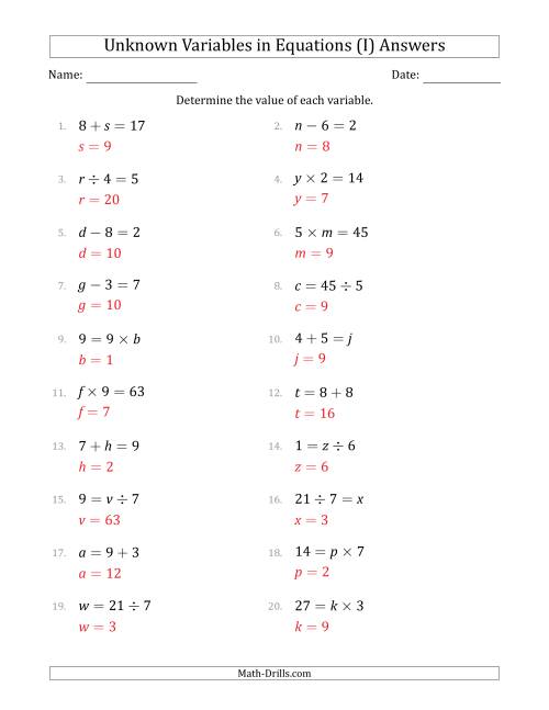 The Unknown Variables in Equations - All Operations - Range 1 to 9 - Any Position (I) Math Worksheet Page 2