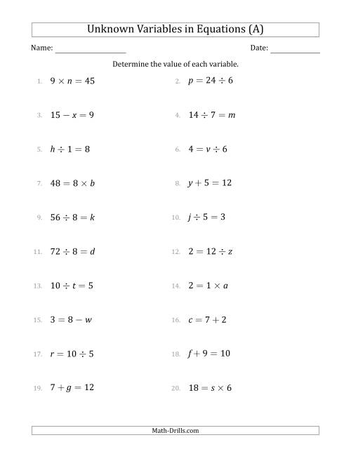 The Unknown Variables in Equations - All Operations - Range 1 to 9 - Any Position (All) Math Worksheet