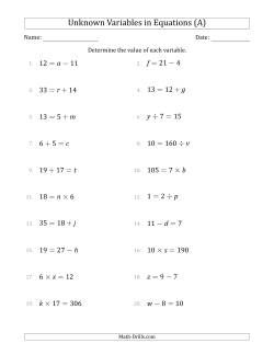 Unknown Variables in Equations - All Operations - Range 1 to 20 - Any Position