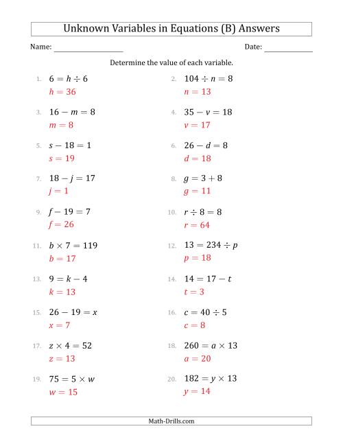 The Unknown Variables in Equations - All Operations - Range 1 to 20 - Any Position (B) Math Worksheet Page 2