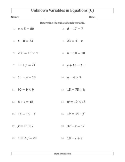 The Unknown Variables in Equations - All Operations - Range 1 to 20 - Any Position (C) Math Worksheet