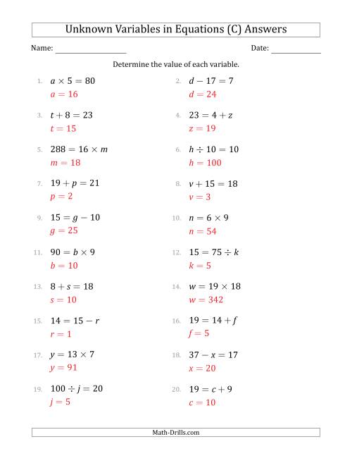 The Unknown Variables in Equations - All Operations - Range 1 to 20 - Any Position (C) Math Worksheet Page 2