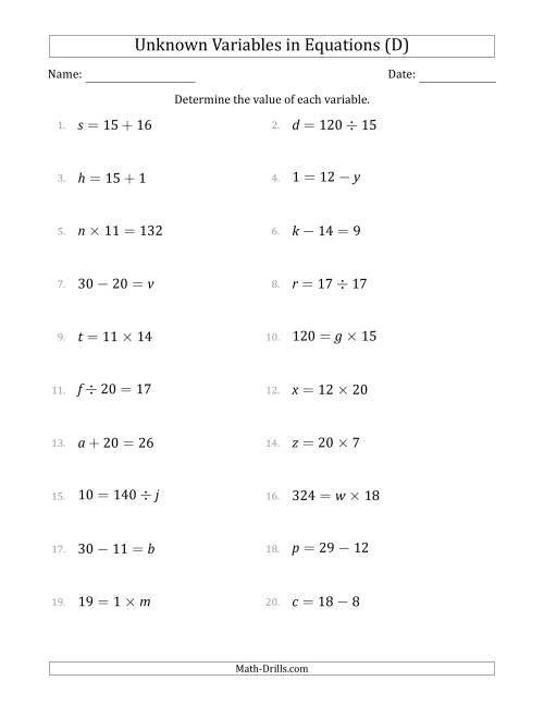 The Unknown Variables in Equations - All Operations - Range 1 to 20 - Any Position (D) Math Worksheet