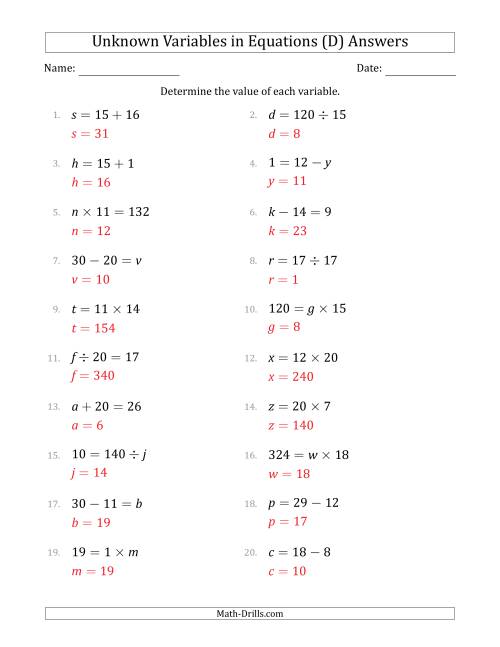 The Unknown Variables in Equations - All Operations - Range 1 to 20 - Any Position (D) Math Worksheet Page 2