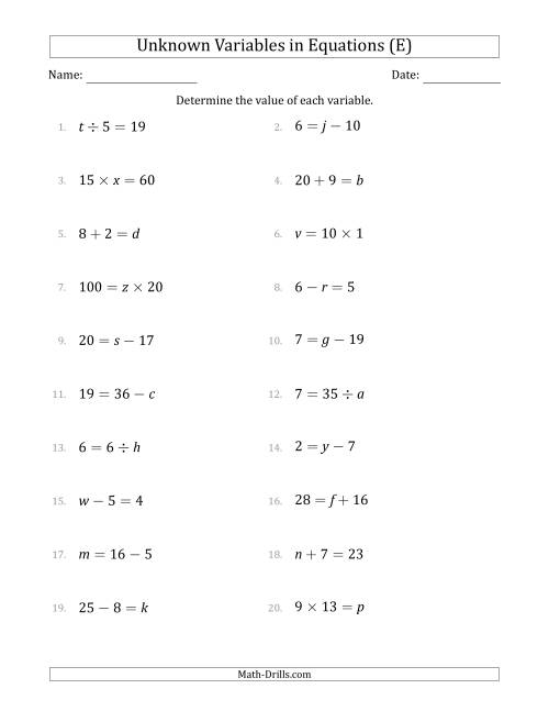 The Unknown Variables in Equations - All Operations - Range 1 to 20 - Any Position (E) Math Worksheet