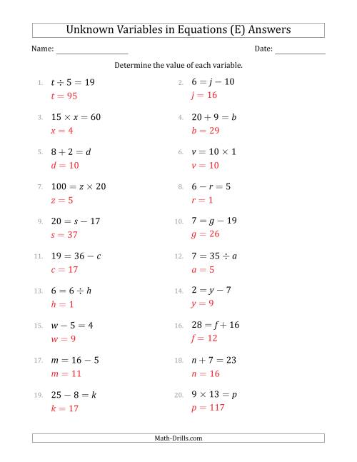 The Unknown Variables in Equations - All Operations - Range 1 to 20 - Any Position (E) Math Worksheet Page 2