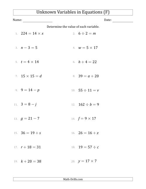 The Unknown Variables in Equations - All Operations - Range 1 to 20 - Any Position (F) Math Worksheet