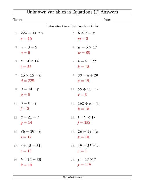 The Unknown Variables in Equations - All Operations - Range 1 to 20 - Any Position (F) Math Worksheet Page 2