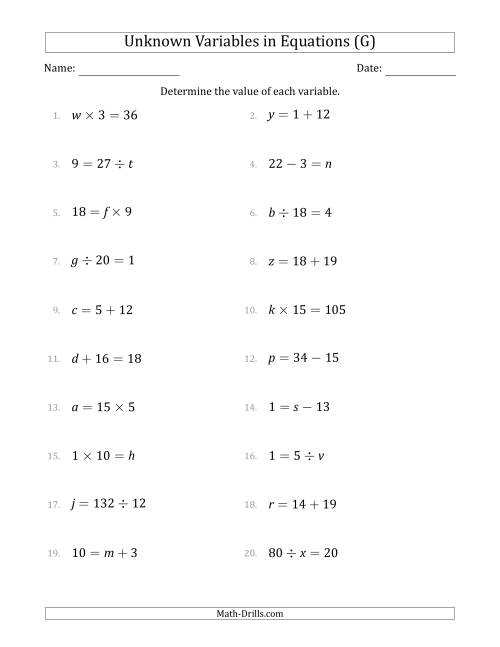 The Unknown Variables in Equations - All Operations - Range 1 to 20 - Any Position (G) Math Worksheet