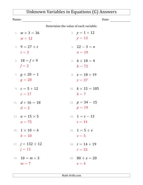 The Unknown Variables in Equations - All Operations - Range 1 to 20 - Any Position (G) Math Worksheet Page 2