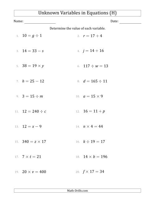 The Unknown Variables in Equations - All Operations - Range 1 to 20 - Any Position (H) Math Worksheet