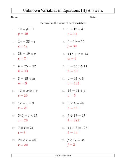 The Unknown Variables in Equations - All Operations - Range 1 to 20 - Any Position (H) Math Worksheet Page 2