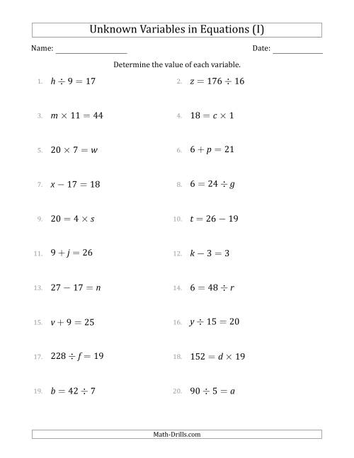 The Unknown Variables in Equations - All Operations - Range 1 to 20 - Any Position (I) Math Worksheet