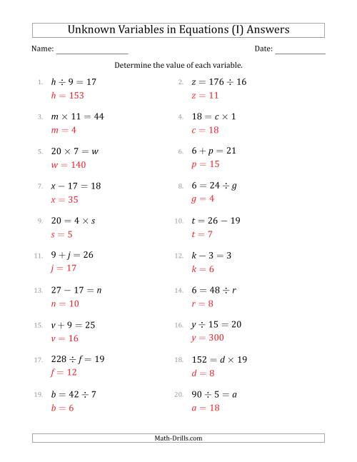 The Unknown Variables in Equations - All Operations - Range 1 to 20 - Any Position (I) Math Worksheet Page 2