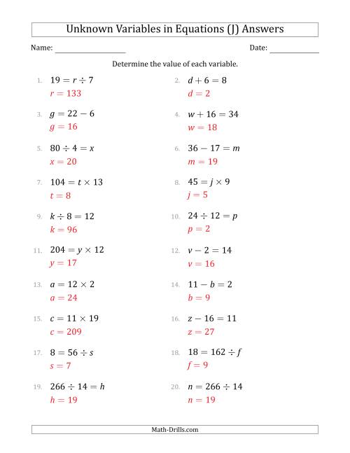 The Unknown Variables in Equations - All Operations - Range 1 to 20 - Any Position (J) Math Worksheet Page 2