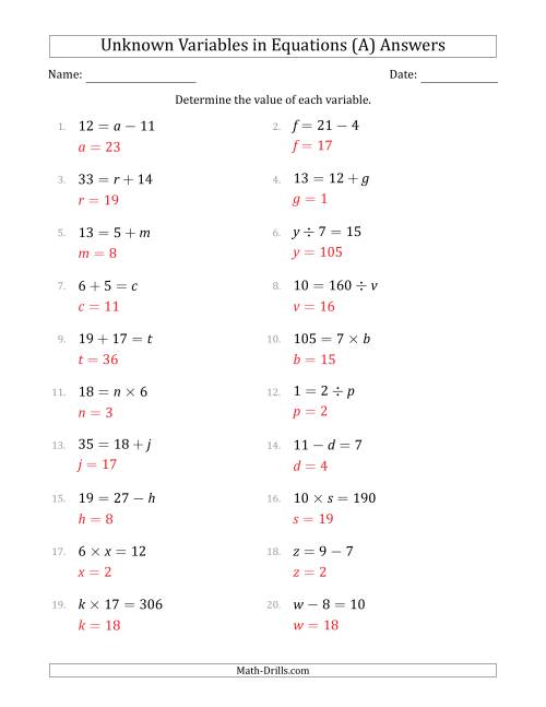 The Unknown Variables in Equations - All Operations - Range 1 to 20 - Any Position (All) Math Worksheet Page 2