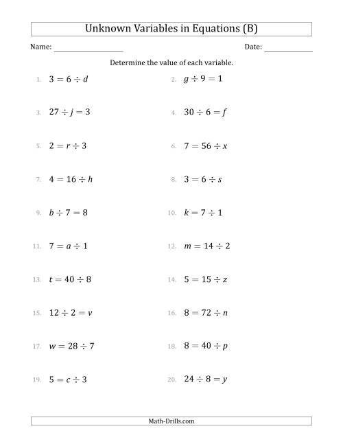 The Unknown Variables in Equations - Division - Range 1 to 9 - Any Position (B) Math Worksheet