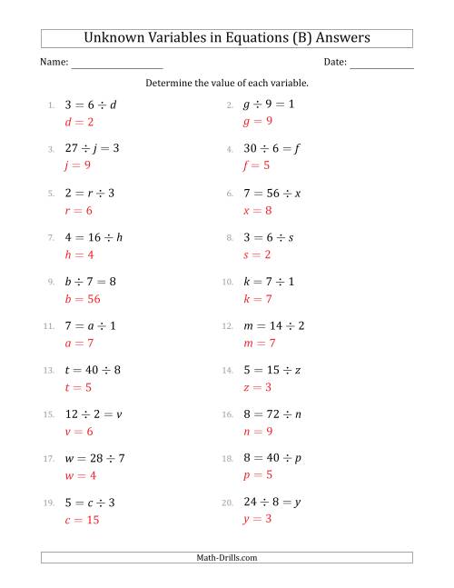 The Unknown Variables in Equations - Division - Range 1 to 9 - Any Position (B) Math Worksheet Page 2