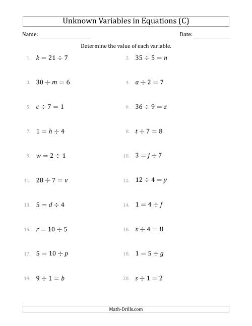 The Unknown Variables in Equations - Division - Range 1 to 9 - Any Position (C) Math Worksheet
