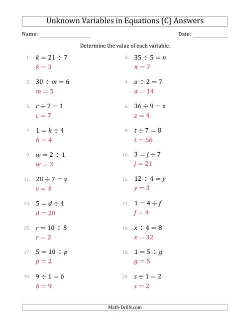 The Unknown Variables in Equations - Division - Range 1 to 9 - Any Position (C) Math Worksheet Page 2