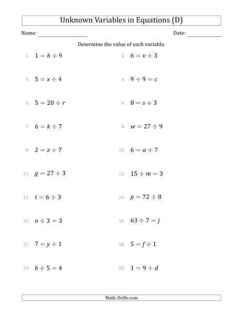 The Unknown Variables in Equations - Division - Range 1 to 9 - Any Position (D) Math Worksheet
