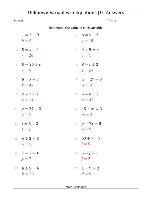 The Unknown Variables in Equations - Division - Range 1 to 9 - Any Position (D) Math Worksheet Page 2