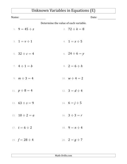 The Unknown Variables in Equations - Division - Range 1 to 9 - Any Position (E) Math Worksheet