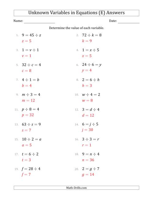 The Unknown Variables in Equations - Division - Range 1 to 9 - Any Position (E) Math Worksheet Page 2