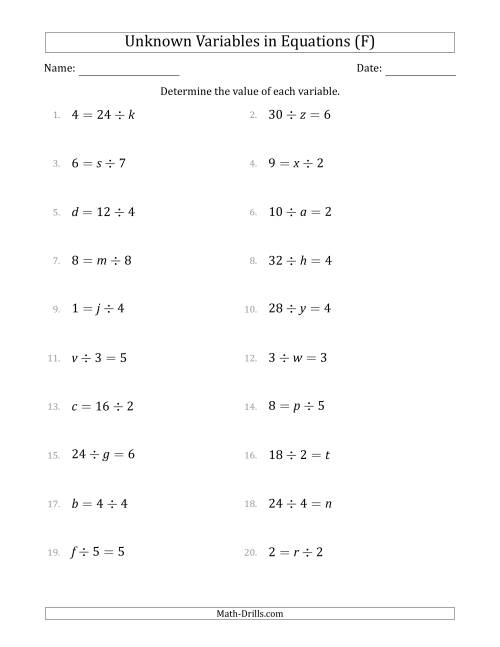 The Unknown Variables in Equations - Division - Range 1 to 9 - Any Position (F) Math Worksheet