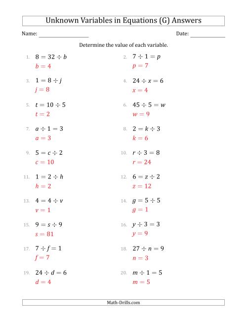 The Unknown Variables in Equations - Division - Range 1 to 9 - Any Position (G) Math Worksheet Page 2