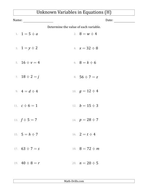 The Unknown Variables in Equations - Division - Range 1 to 9 - Any Position (H) Math Worksheet