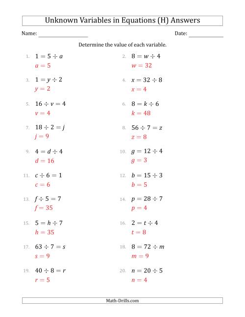 The Unknown Variables in Equations - Division - Range 1 to 9 - Any Position (H) Math Worksheet Page 2