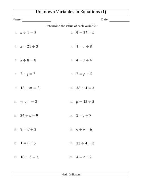 The Unknown Variables in Equations - Division - Range 1 to 9 - Any Position (I) Math Worksheet