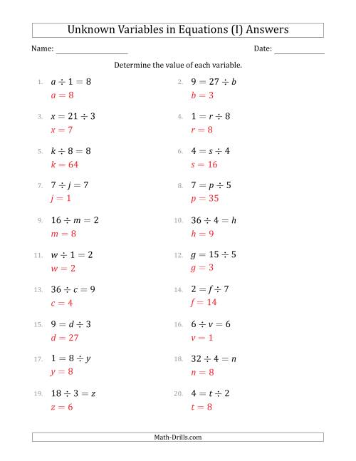 The Unknown Variables in Equations - Division - Range 1 to 9 - Any Position (I) Math Worksheet Page 2