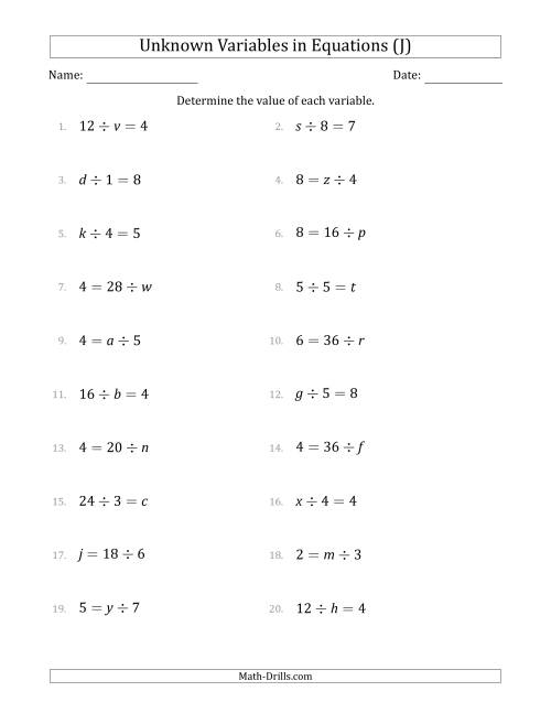 The Unknown Variables in Equations - Division - Range 1 to 9 - Any Position (J) Math Worksheet