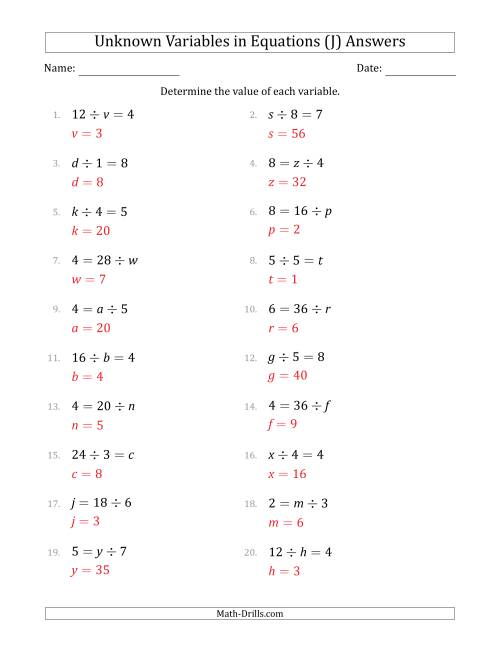 The Unknown Variables in Equations - Division - Range 1 to 9 - Any Position (J) Math Worksheet Page 2