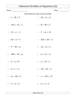 Unknown Variables in Equations - Division - Range 1 to 20 - Any Position
