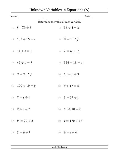 The Unknown Variables in Equations - Division - Range 1 to 20 - Any Position (A) Math Worksheet