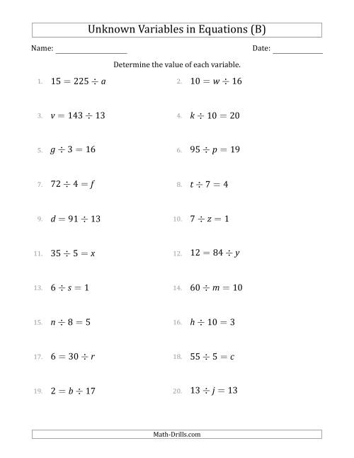 The Unknown Variables in Equations - Division - Range 1 to 20 - Any Position (B) Math Worksheet