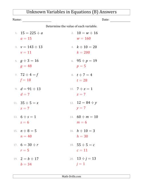 The Unknown Variables in Equations - Division - Range 1 to 20 - Any Position (B) Math Worksheet Page 2