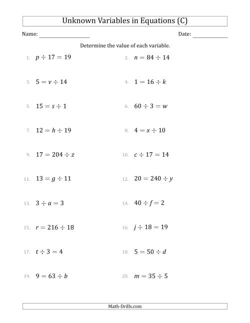 The Unknown Variables in Equations - Division - Range 1 to 20 - Any Position (C) Math Worksheet