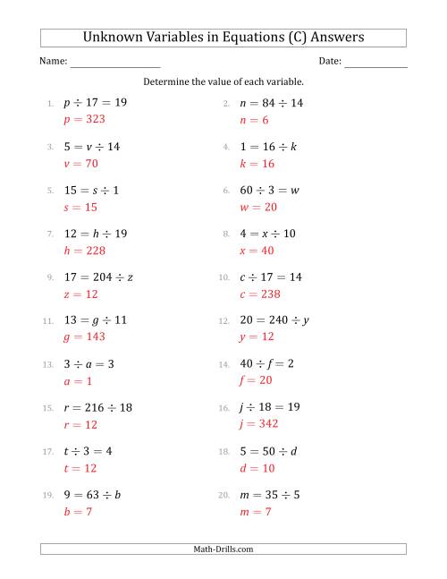 The Unknown Variables in Equations - Division - Range 1 to 20 - Any Position (C) Math Worksheet Page 2