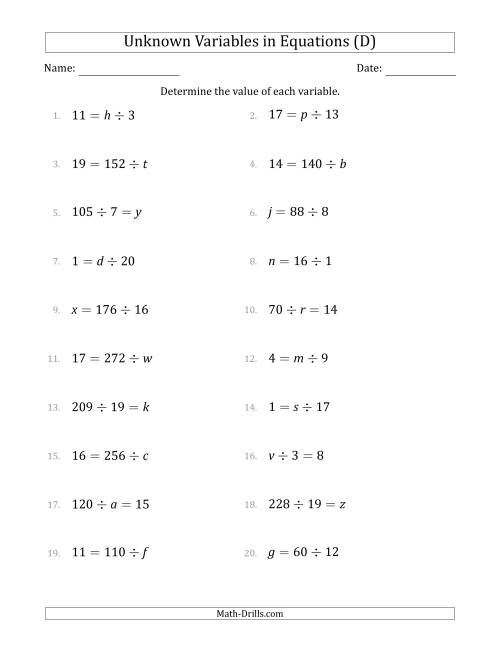 The Unknown Variables in Equations - Division - Range 1 to 20 - Any Position (D) Math Worksheet