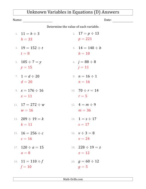 The Unknown Variables in Equations - Division - Range 1 to 20 - Any Position (D) Math Worksheet Page 2