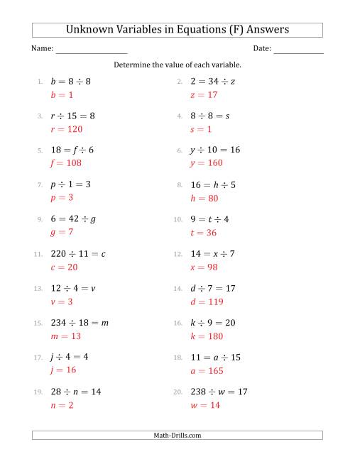 The Unknown Variables in Equations - Division - Range 1 to 20 - Any Position (F) Math Worksheet Page 2