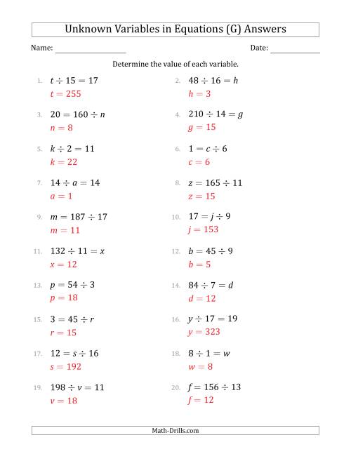 The Unknown Variables in Equations - Division - Range 1 to 20 - Any Position (G) Math Worksheet Page 2