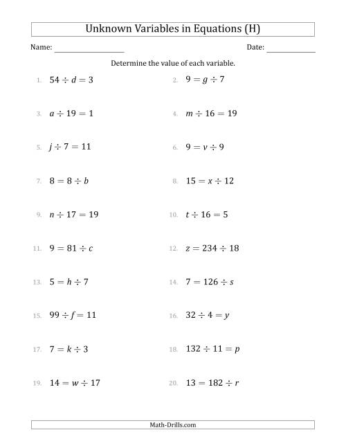 The Unknown Variables in Equations - Division - Range 1 to 20 - Any Position (H) Math Worksheet